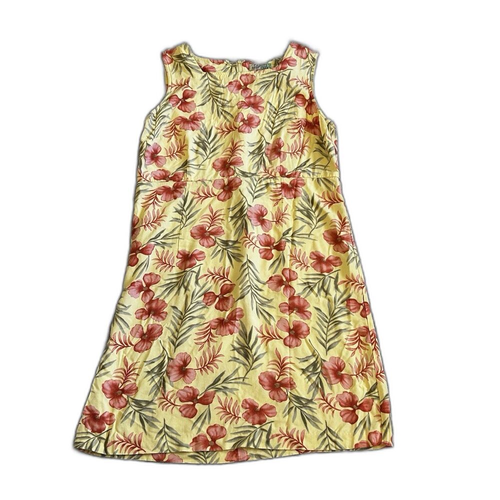 Tahiti Reef Club Dress Womens Large Yellow Pink Hawaiian Floral Beach Tropical